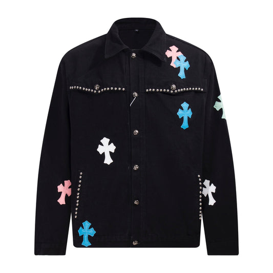Chrome-Hearts Multi Cross Studded Denim Jacket - Black Gothic Streetwear Coat H49