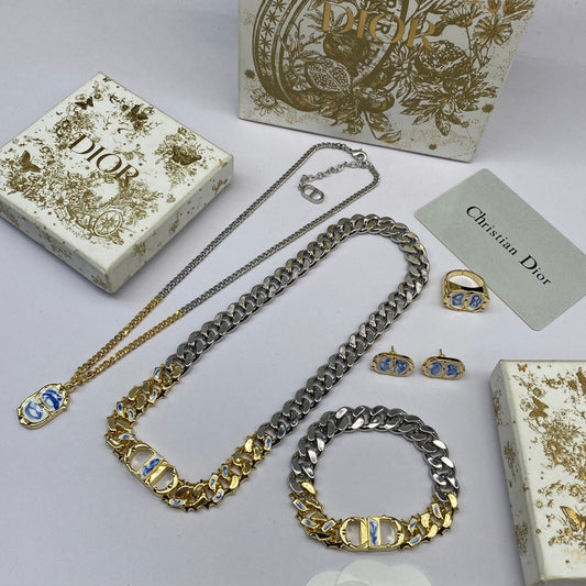 18K CD Icon Chain Link Blue White Resin Bracelet