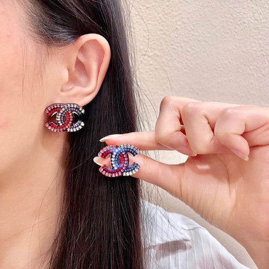 18K CC Red & Blue Crystal Earrings
