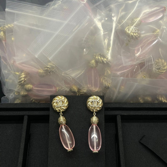 18K CC 26C Pink Crystal Gold Diamond Earrings
