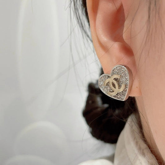 18K CC Diamond Heart Gold Earrings