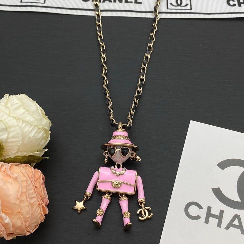 18K CC Pink & Black Leather Necklace