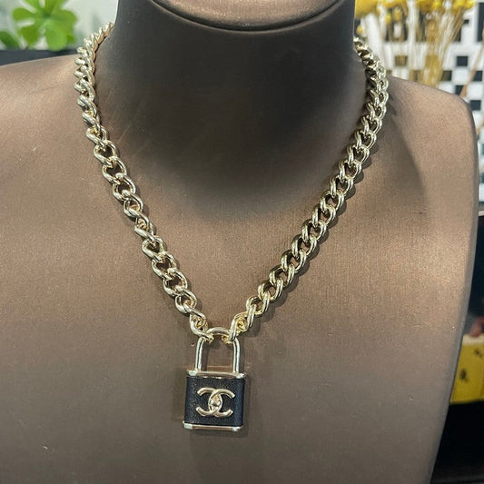 18K CC Black Leather Gold Lock Necklace