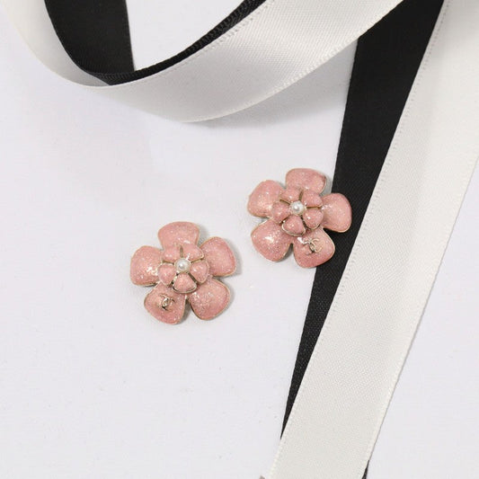 18K CC Black & Pink Flower Earrings