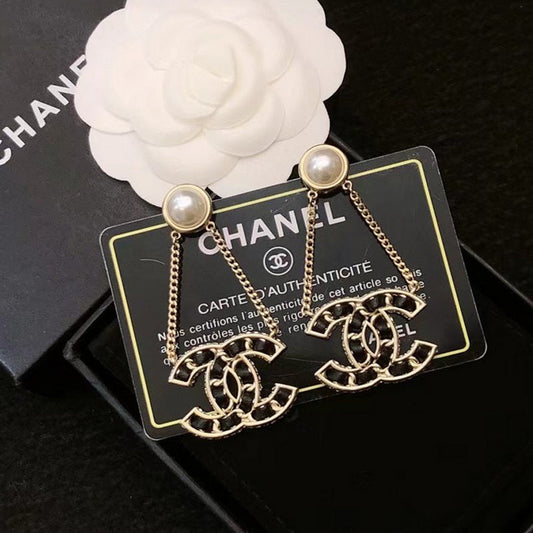 18K CC Pearl Gold Chain Earrings