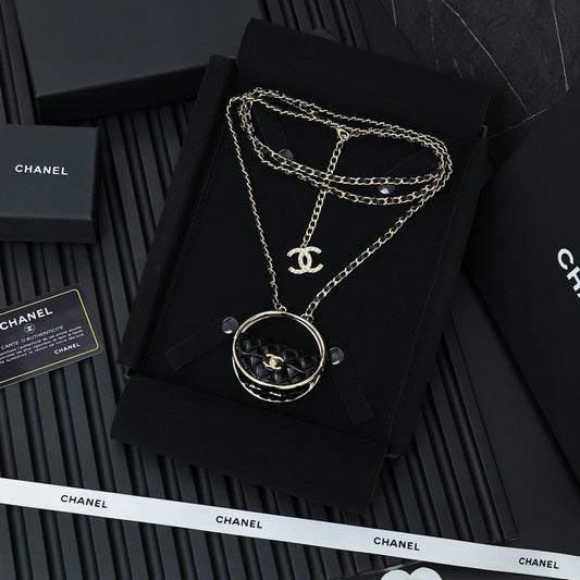 18K CC Black Bag Long Leather Necklace