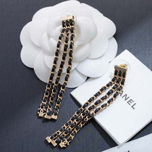 18K CC Black Leather Chain Gold Earrings