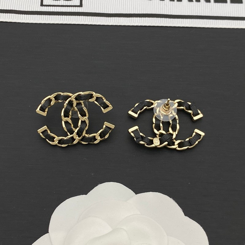 18K CC Black Leather Gold Earrings