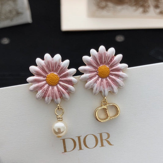18K CD Pink Sun Flower Pearl Earrings