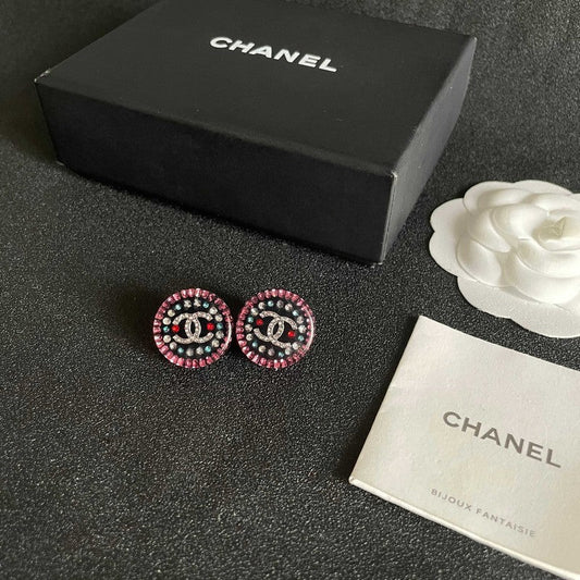 18K CC Red & Blue Crystal Round Earrings