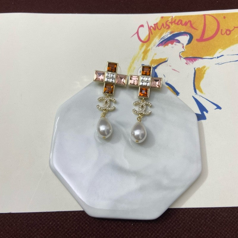 18K CC Red Cross Pearl Pendant Earrings