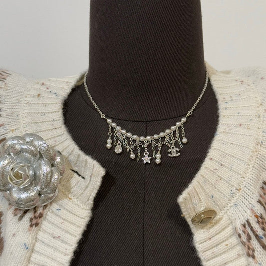 18K CC 26C Pearl Diamond Tassel Choker Necklace