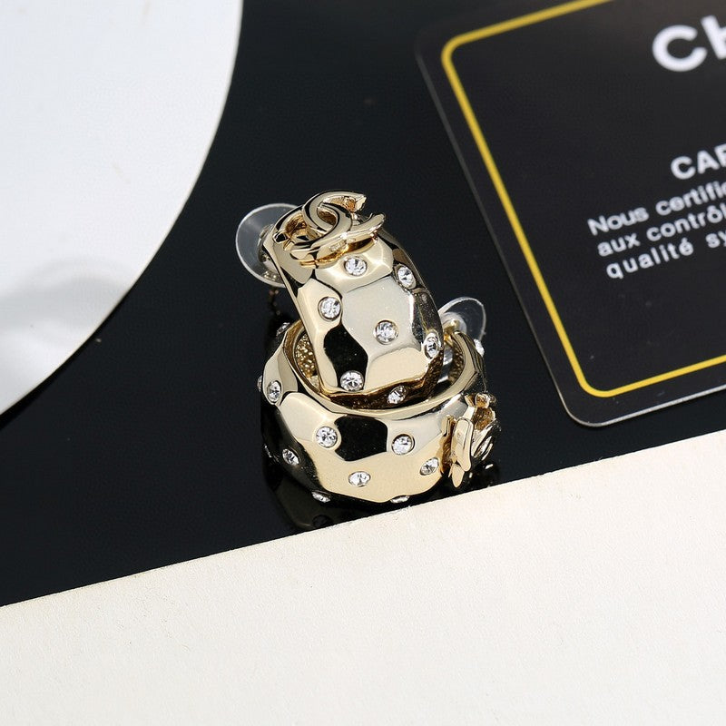 18K CC Half Circle Diamond Gold Earrings