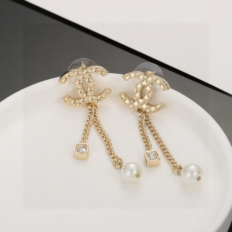 18K CC Long Pearl Pendant Earrings