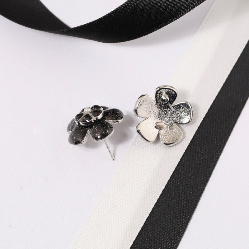 18K CC Black & Pink Flower Earrings