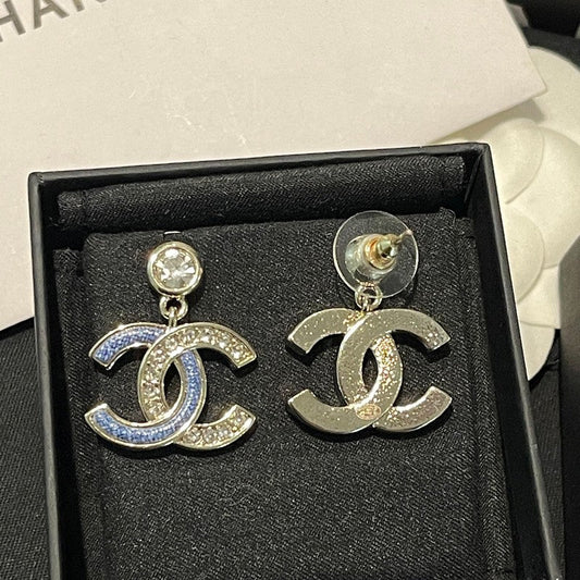 18K CC Blue Diamond Pendant Gold Earrings