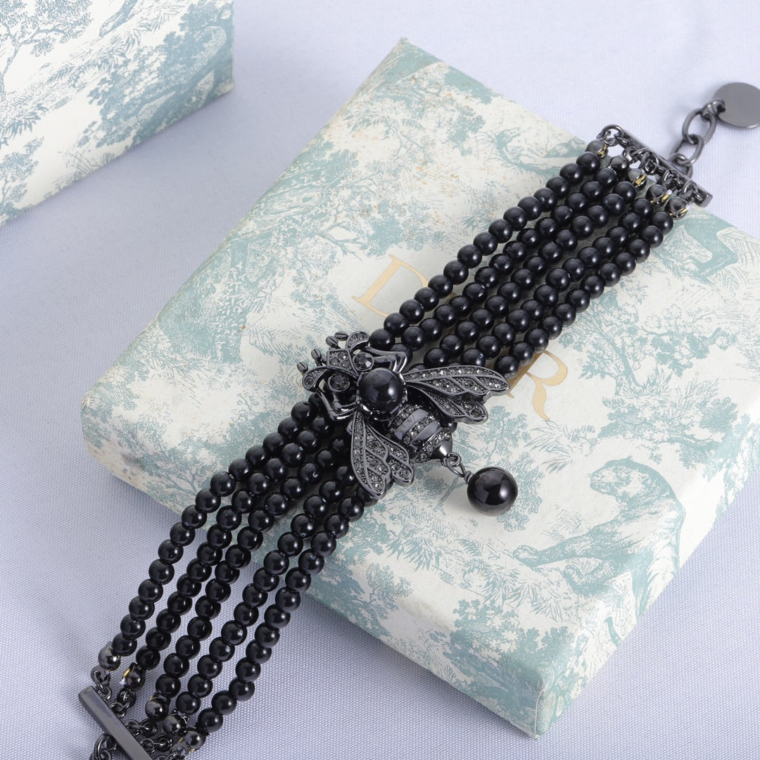 18K CD Bee Black Pearls Bracelet