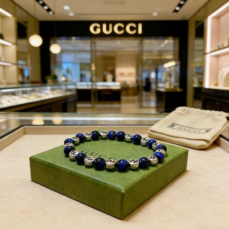 18K GG Anger Forest Blue Tiger's Eye Bead Chain Bracelet