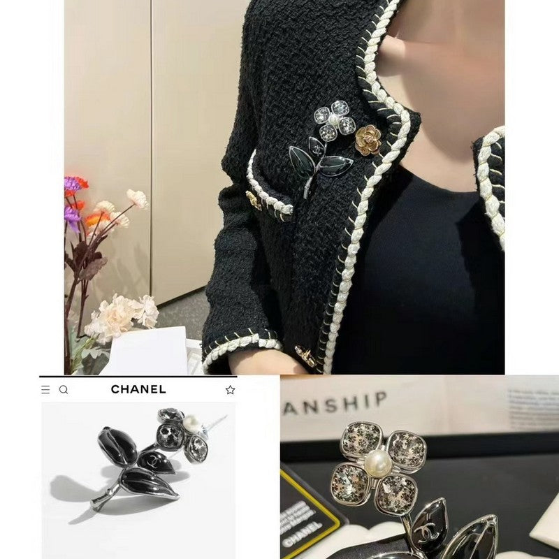 18K CC Black Four Leaf Clover Crystal Brooch