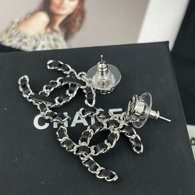 18K CC Leather Gold Earrings