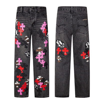 Chrome Hearts Multi Cross Patch Denim Jeans - Grey Gothic Street Pants
