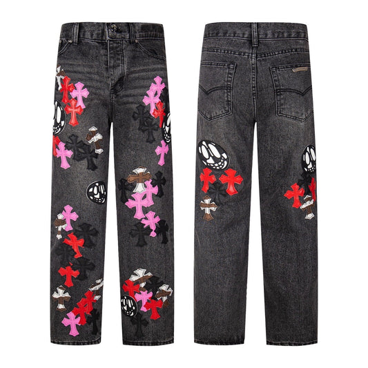 Chrome Hearts Multi Cross Patch Denim Jeans - Grey Gothic Street Pants