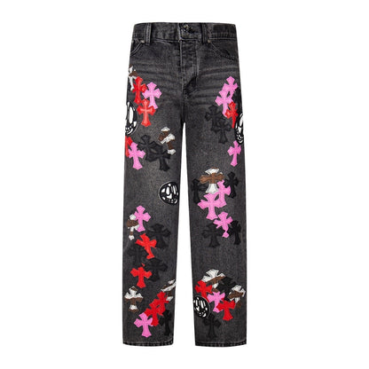 Chrome Hearts Multi Cross Patch Denim Jeans - Grey Gothic Street Pants