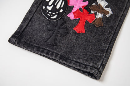 Chrome Hearts Multi Cross Patch Denim Jeans - Grey Gothic Street Pants
