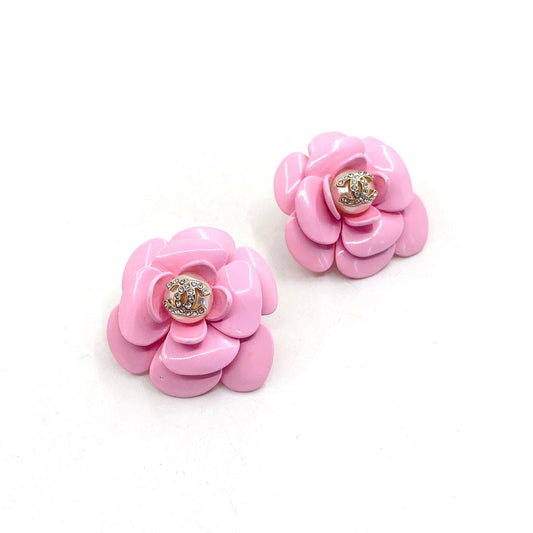 18K CC Pink Camellia Resin Earrings