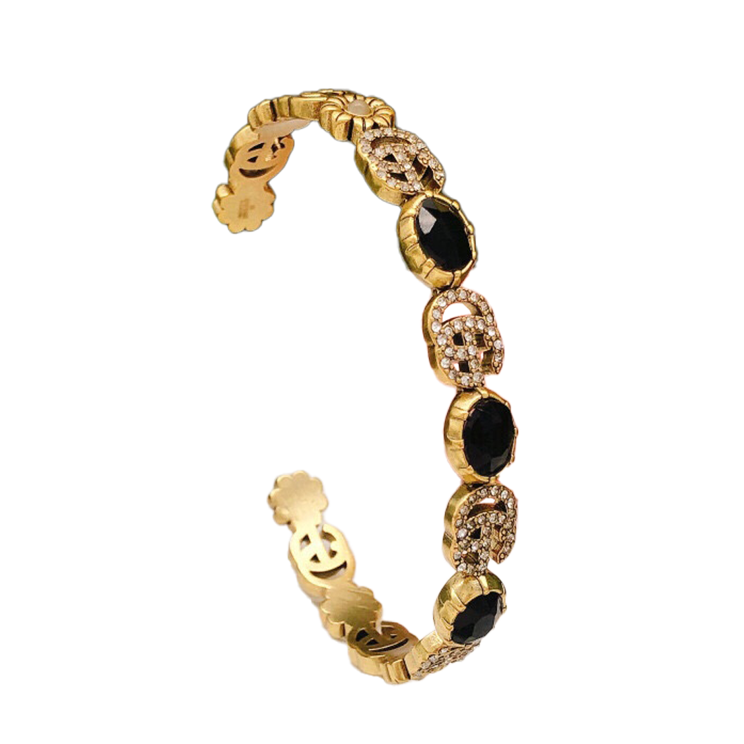 18K Double G Flowers Black Crystals Open Cuff Bracelet