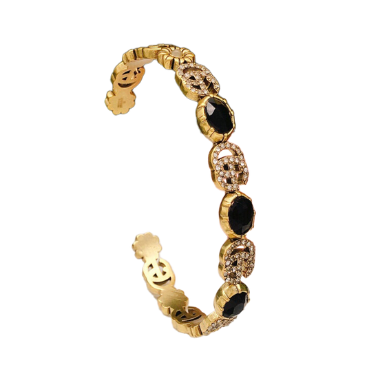 18K Double G Flowers Black Crystals Open Cuff Bracelet