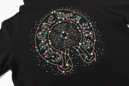 Chrome-Hearts Colorful Rhinestone Hoodie - Black Gothic Street Sweatshirt 2608