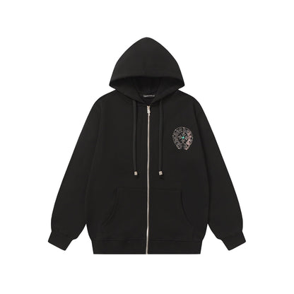 Chrome-Hearts Colorful Rhinestone Hoodie - Black Gothic Street Sweatshirt 2608