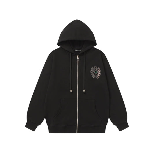 Chrome-Hearts Colorful Rhinestone Hoodie - Black Gothic Street Sweatshirt 2608