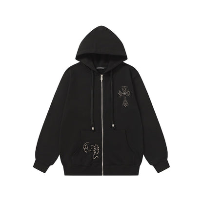 Chrome-Hearts Rhinestone Cross Hoodie - Black Gothic Streetwear Sweatshirt 2633
