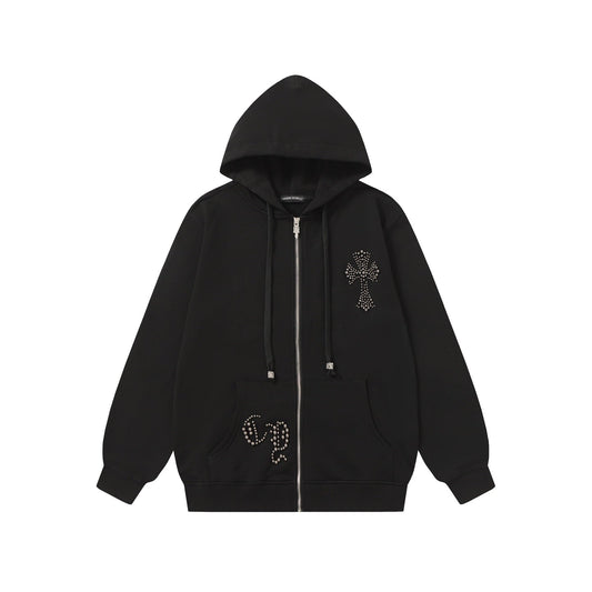 Chrome-Hearts Rhinestone Cross Hoodie - Black Gothic Streetwear Sweatshirt 2633