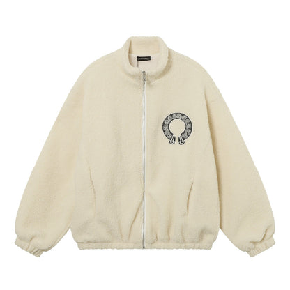Chrome-Hearts Horseshoe Embroidered Sherpa Jacket - Black Cream Gothic Coat 825