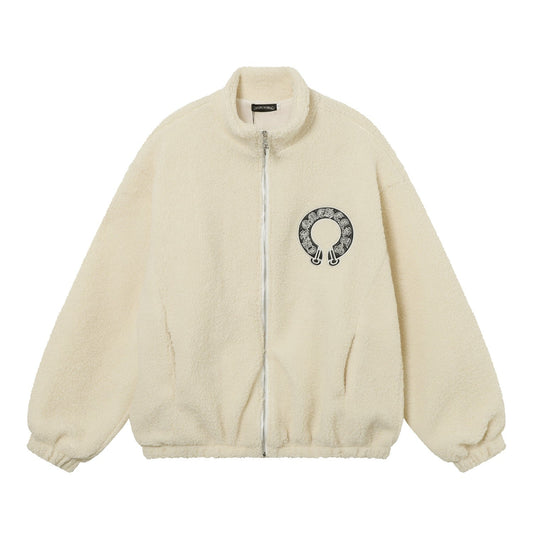 Chrome-Hearts Horseshoe Embroidered Sherpa Jacket - Black Cream Gothic Coat 825