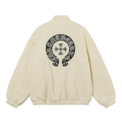 Chrome-Hearts Horseshoe Embroidered Sherpa Jacket - Black Cream Gothic Coat 825