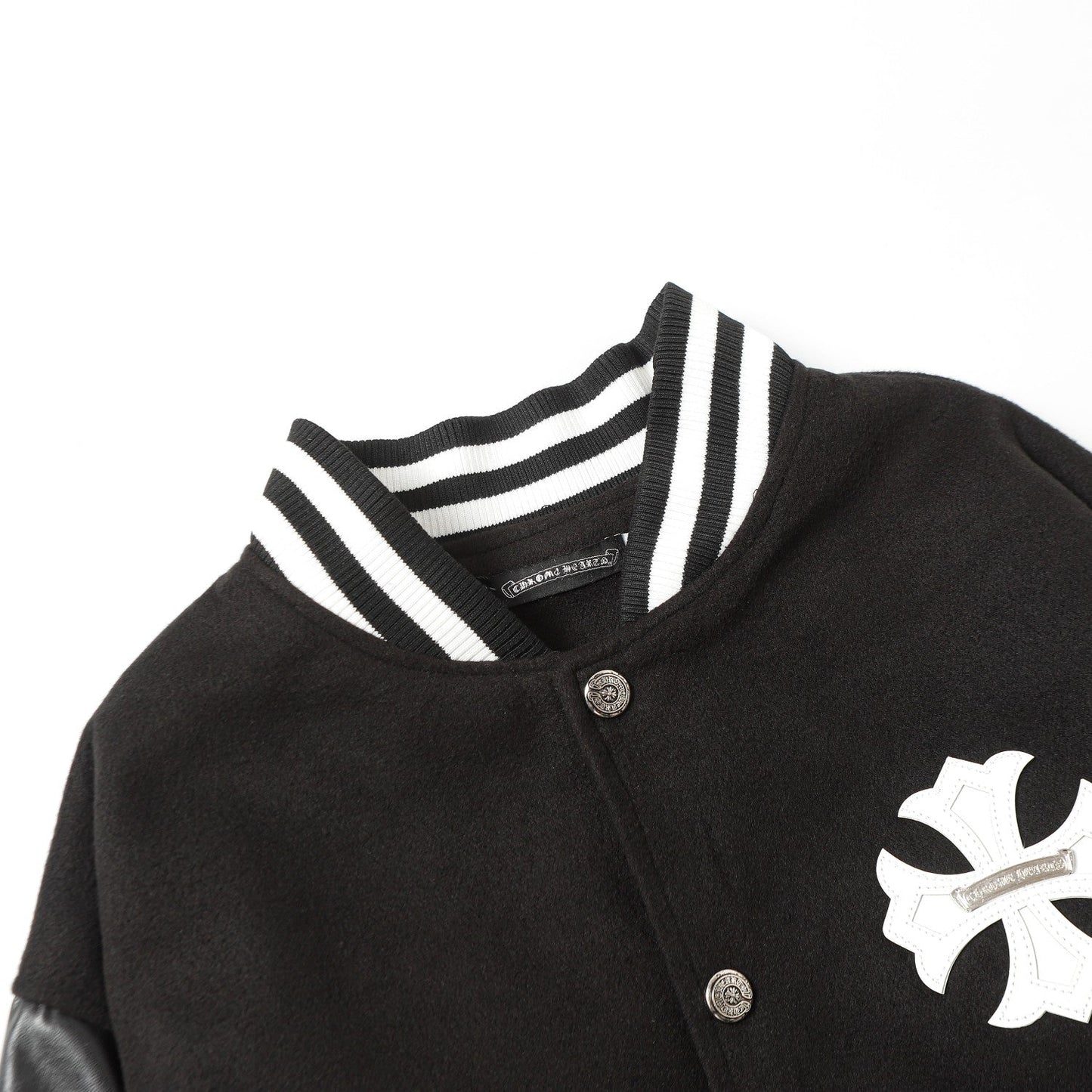 Chrome-Hearts Cross Embroidered Leather Sleeve Varsity Jacket - Black Street Style 116