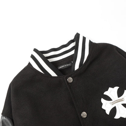 Chrome-Hearts Cross Embroidered Leather Sleeve Varsity Jacket - Black Street Style 116