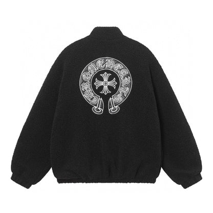 Chrome-Hearts Horseshoe Embroidered Sherpa Jacket - Black Cream Gothic Coat 825