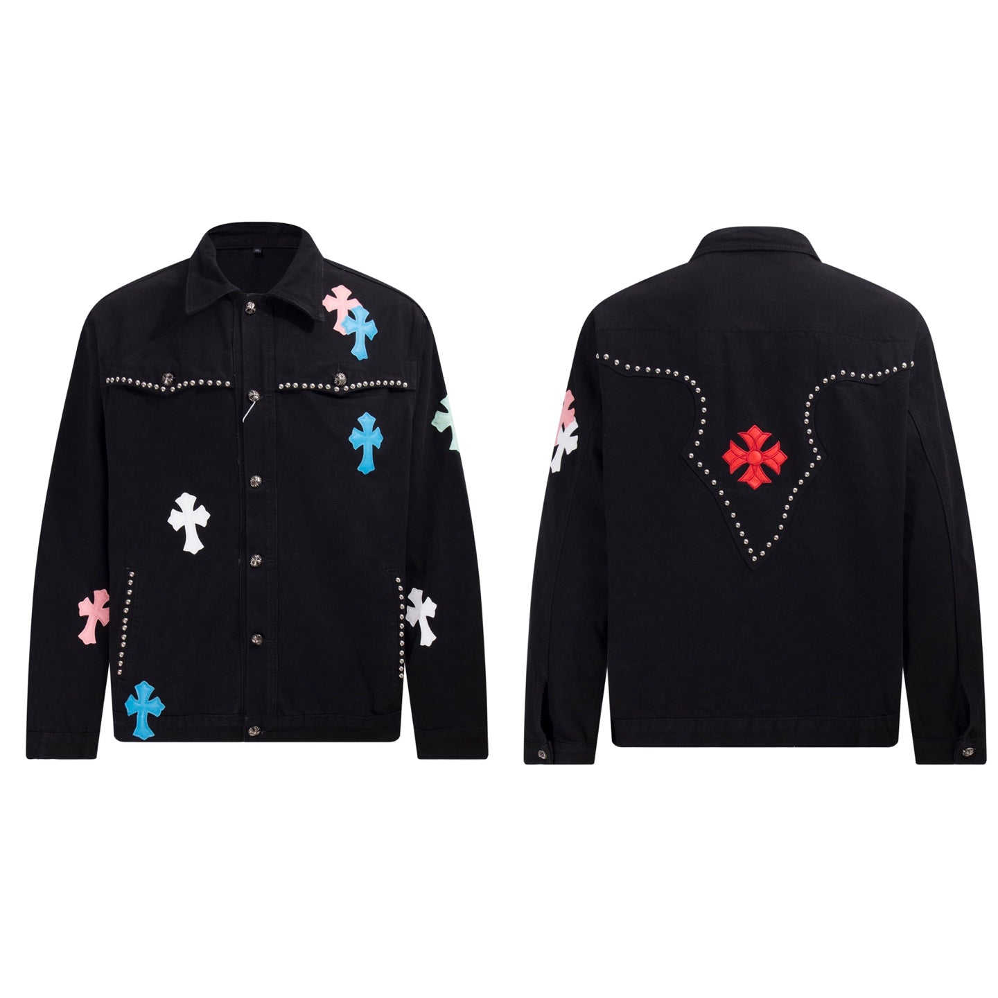 Chrome-Hearts Multi Cross Studded Denim Jacket - Black Gothic Streetwear Coat H49