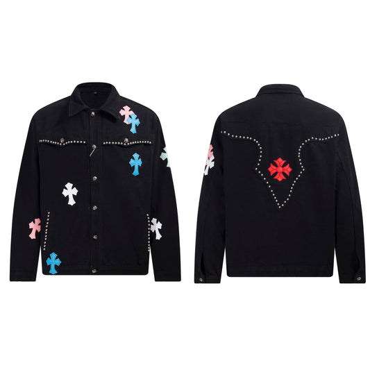Chrome-Hearts Multi Cross Studded Denim Jacket - Black Gothic Streetwear Coat H49