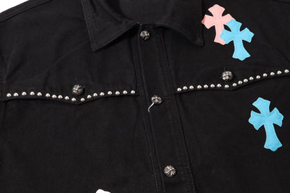 Chrome-Hearts Multi Cross Studded Denim Jacket - Black Gothic Streetwear Coat H49