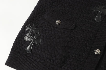 Chrome-Hearts Gothic Cross Knit Cardigan - Black Grey Streetwear Jacket 904