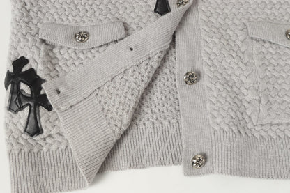 Chrome-Hearts Gothic Cross Knit Cardigan - Black Grey Streetwear Jacket 904