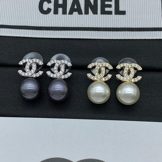 18K CC Pearl Drop Gold Earrings