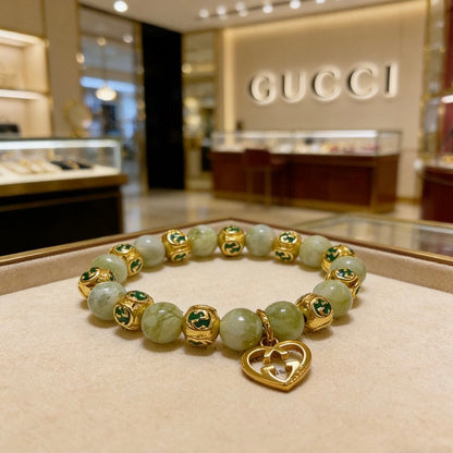 18K GG Anger Forest Green Bead Gold Chain Bracelet