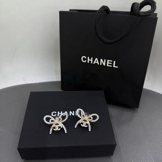 18K CC Golden Bow Diamond Earrings